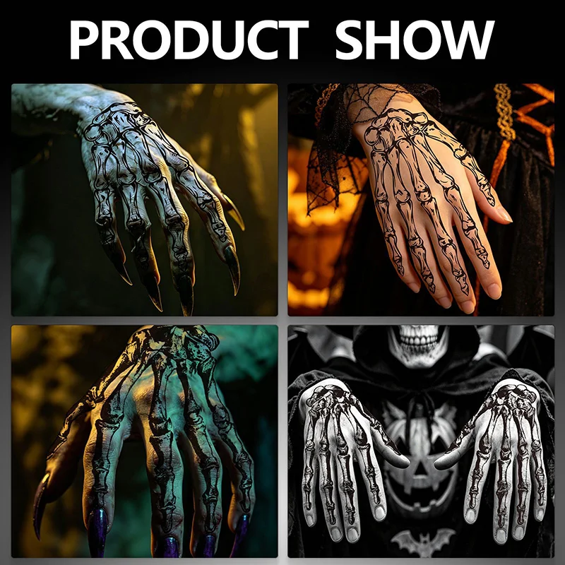 Halloween Horror Skeleton False Tattoos for Men Women Waterproof Skull Temporary Tattoos for Hand Arm Body Party Costumes Decor