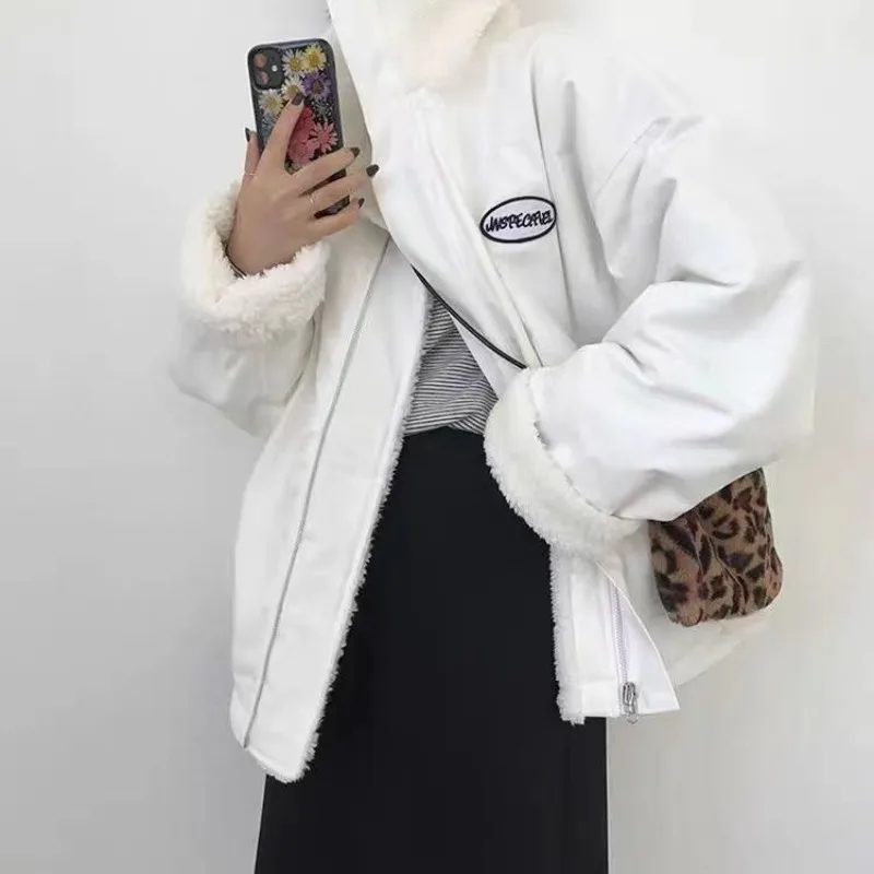 Women's Reversible Coat Autumn Winter Lambswool Jacket Student Top Double-sided Stand-up Collar Coat Thicken Cotton Coat