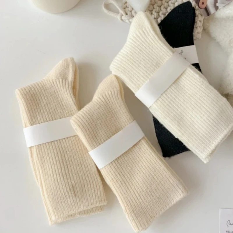 

Soft Glutinous Wool Socks Warm Winter Plush Thick Long Cream Solid Color Ins Fine Stripes Warm Stacking Socks