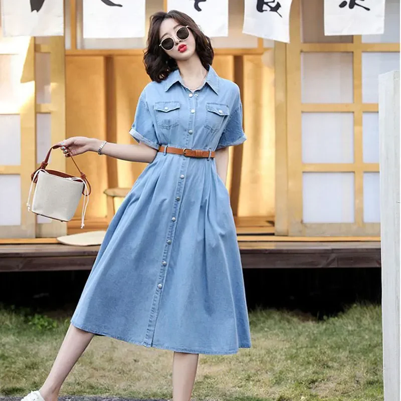Jeans Ke Upar Frock Fashion Belt Long Denim Dress Women 2024 Summer Lapel  Single