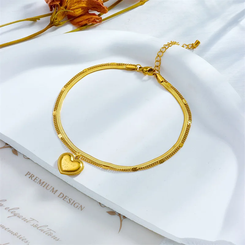 316L Stainless Steel New Fashion High-end Jewelry  Carving Love You Heart Shape Charm 2 Layer Snake Bone Chain Anklet For Women