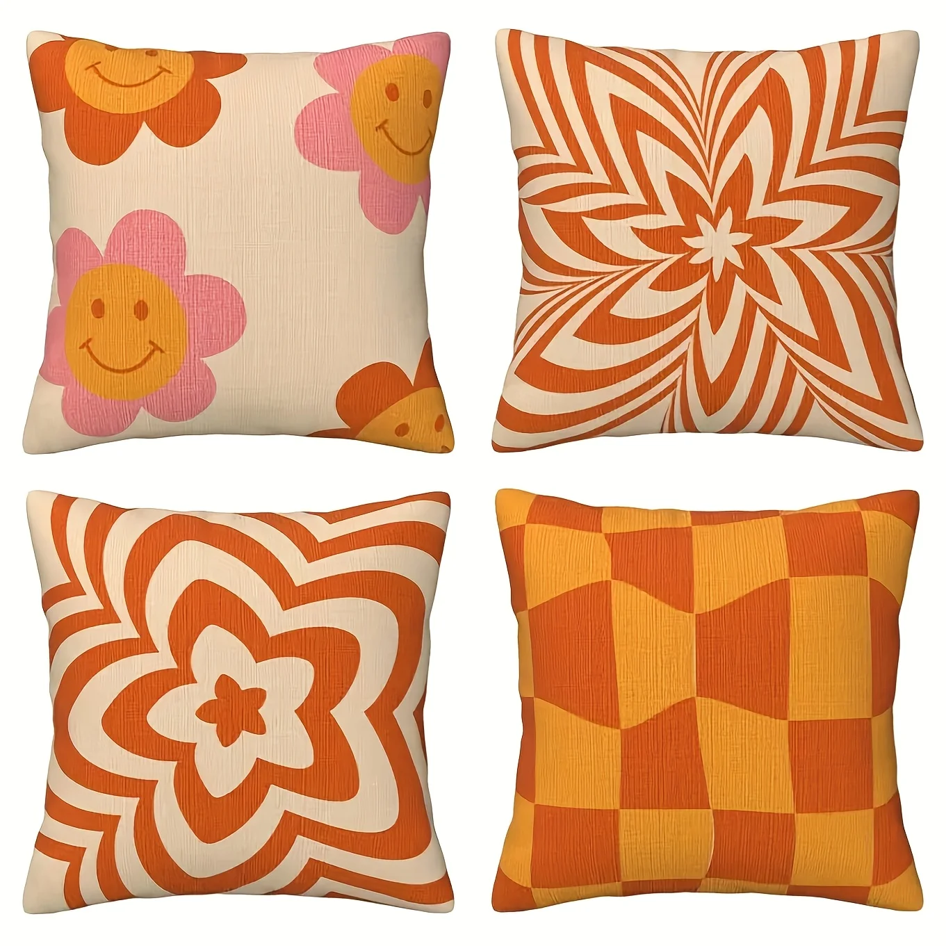 A Set of 4 Retro Floral And Geometric Pattern Cushion Covers, with Smiley Face Pattern, Bright Orange And Yellow, with Zipper