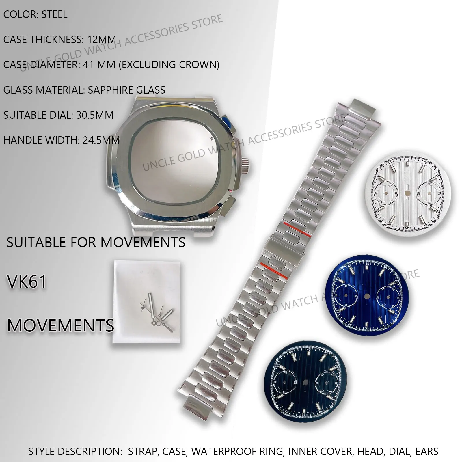 41mm Watch Case Sliver sapphire crystal Transparent bottom Watch Case + Watch Strap +Watch dial+ Watch Hand for VK61 Movement