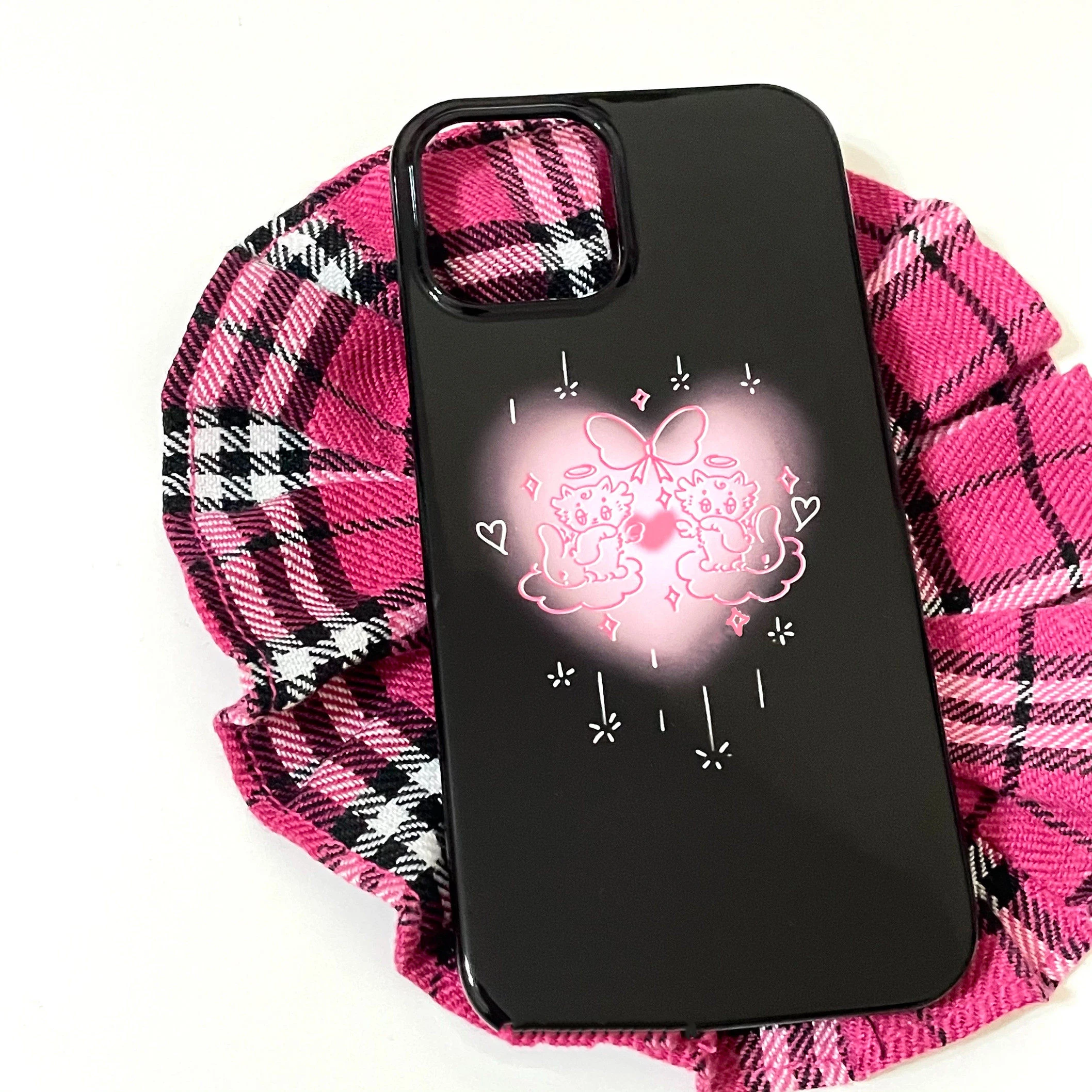 Funda de silicona antichoque coreana Ins con diseño de gato ángel rosa y corazón para iPhone 17 Air 16 Pro Max 15 14 Plus 13 12 11
