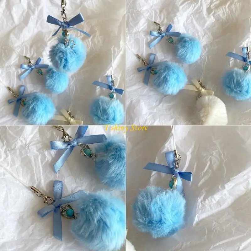 N58F Fluffys Balls Keyrings Star Pendant Acrylic Keychain Colorful Bowknot Lanyard Multi-Functional Bags Accessories