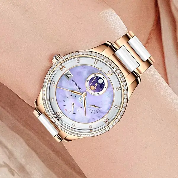 LOBINNI Women Automatic Watch 36mm Ladies Meachanical WristWatch MOP Dial 50M Waterproof Sapphire Month Week 24 Hours Date