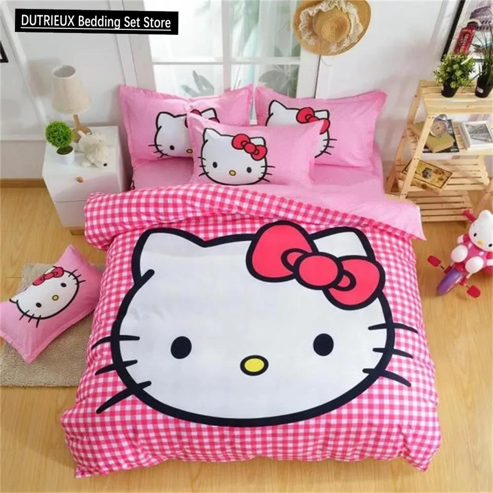 

Hello Kitty Pink Lattice Duvet Cover Cartoon Cat Girls Kids Bedroom Decoration Gifts Bedding Set Quilt Cover with 2 Pillow Case