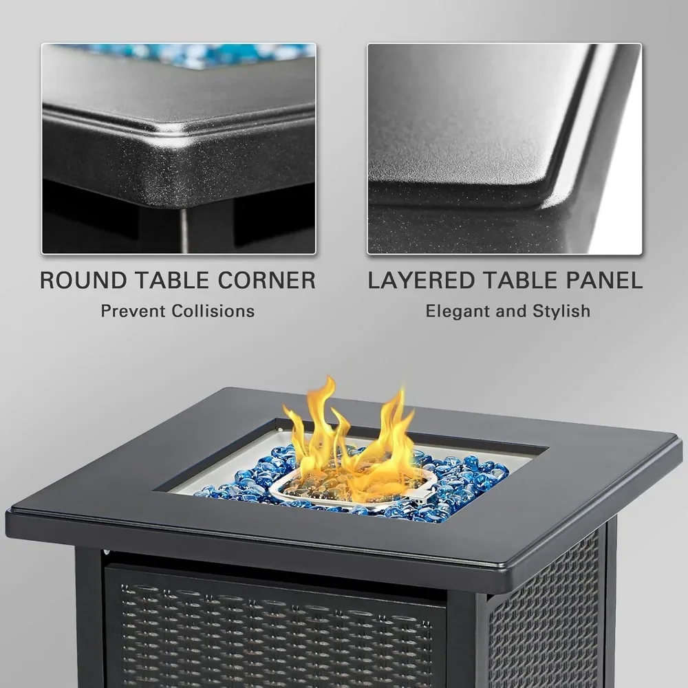 28 Inch Propane Fire Pit Table, Rattan & Wicker-Look Gas Firepits with Blue Fire Glass for Outside Patio and Garden, Firepits