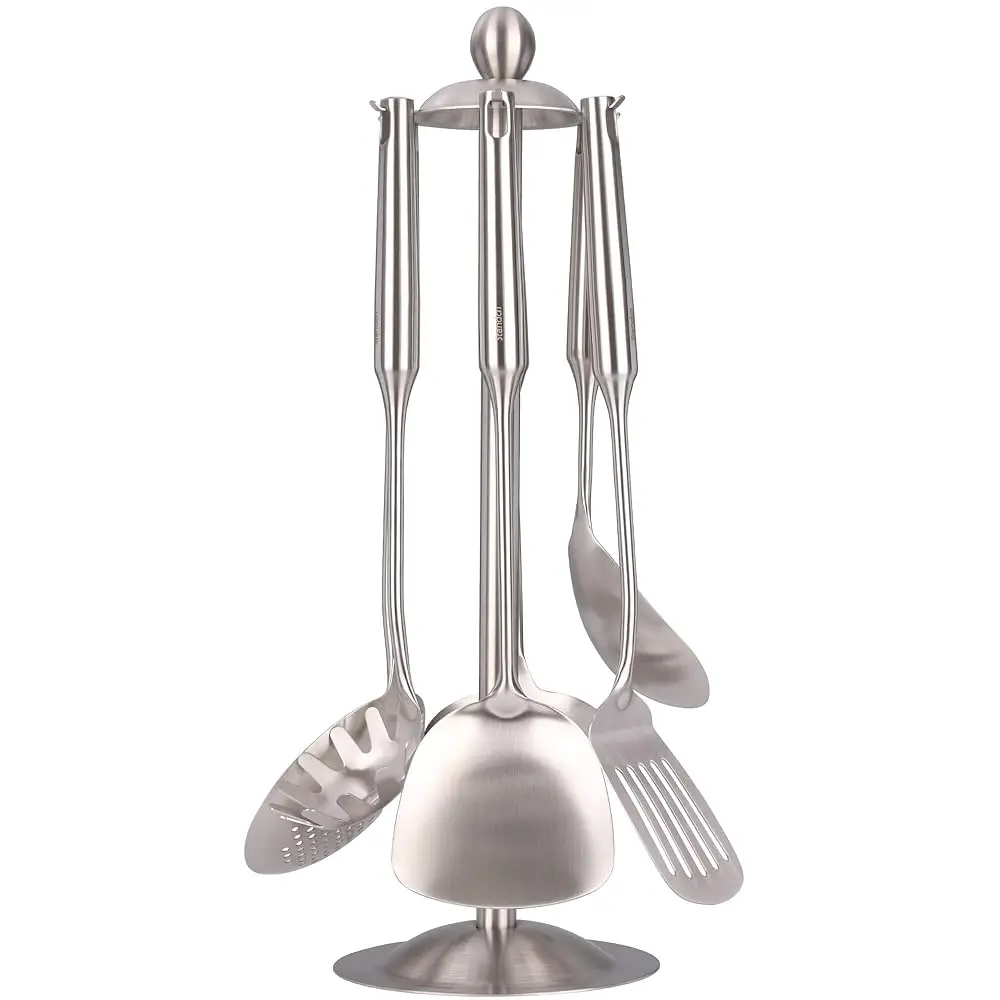

18/10 Stainl Steel Kitchen Utensils Set - 15’’ All Metal Cooking Utensils With Countertop Rotating Holder Stand, Spatula,