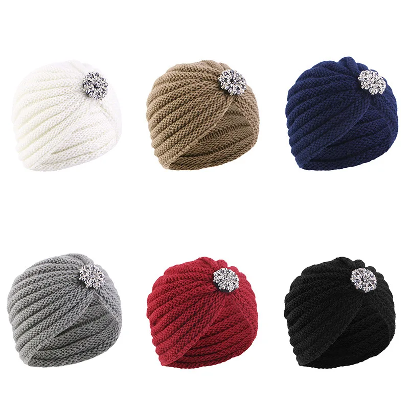 Women Bohemian Style Warm Winter Autumn Knitted Cap Fashion Boho Soft Hair Accessories Turban Solid Color Female Muslim Hat