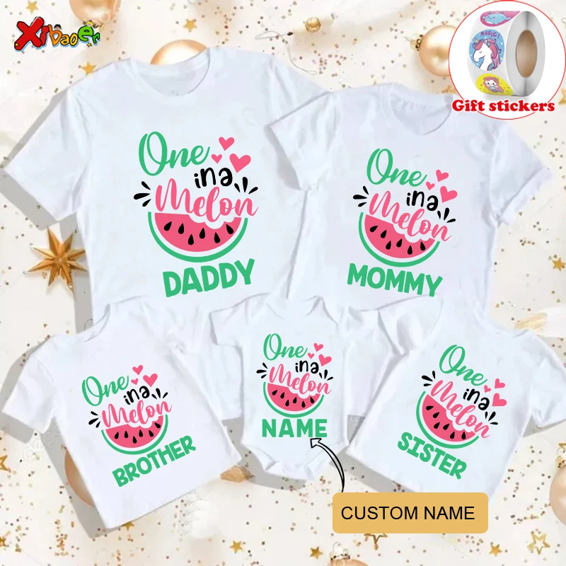 

Family Matching Outfits T Shirt Gift Birthday Watermelon Cartoon Printed Party Custom Name TShirt Give Away Children's Stickers