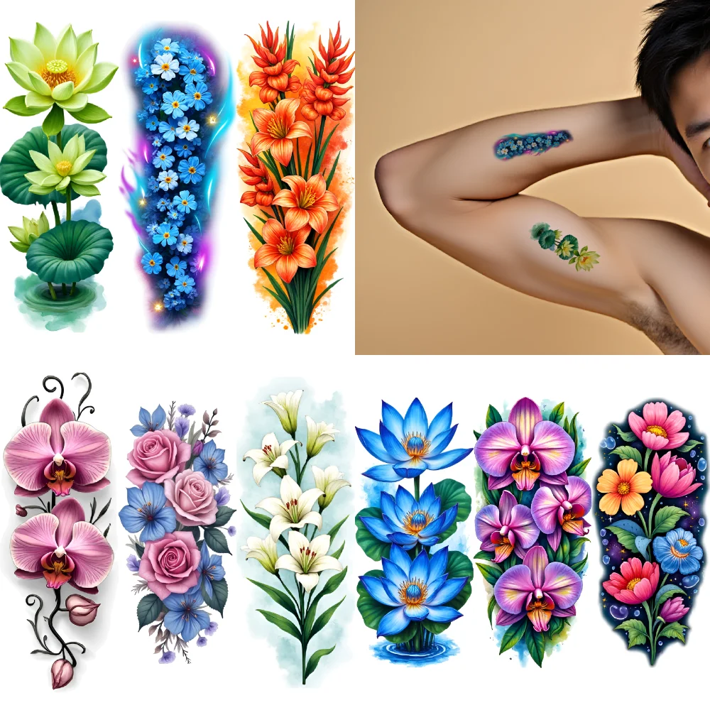 

9pcs Temporary Tattoo Lily Tattoos Waterproof Long-lasting Body Stickers Floral Tattoos Lotus Patterns Colorful Realism For