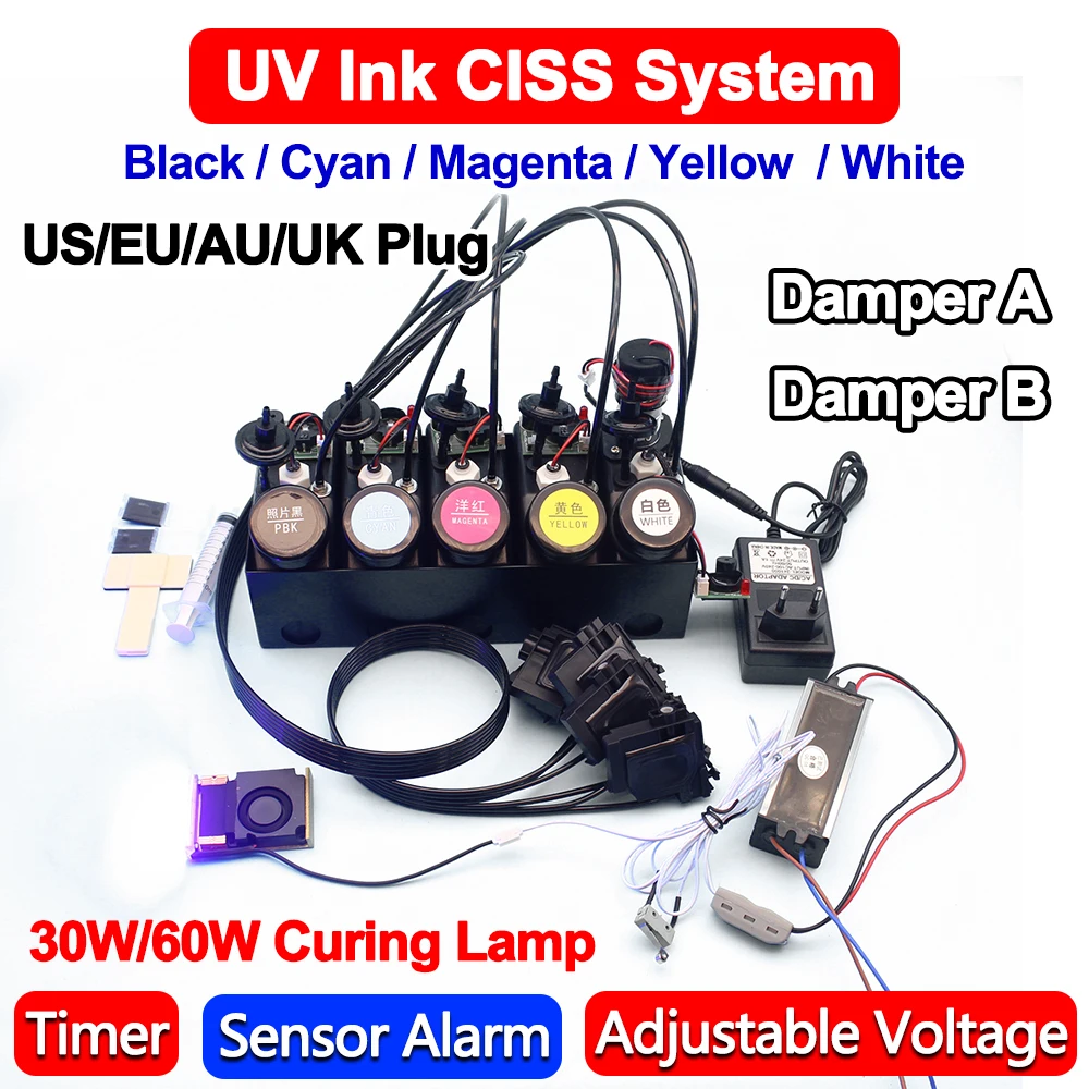 

250ML UV White Ink CISS System With Damper 30W/60W Curing Lamp For UV DTF Modify White Ink with Stirrer Ink Level Sensor Alarm