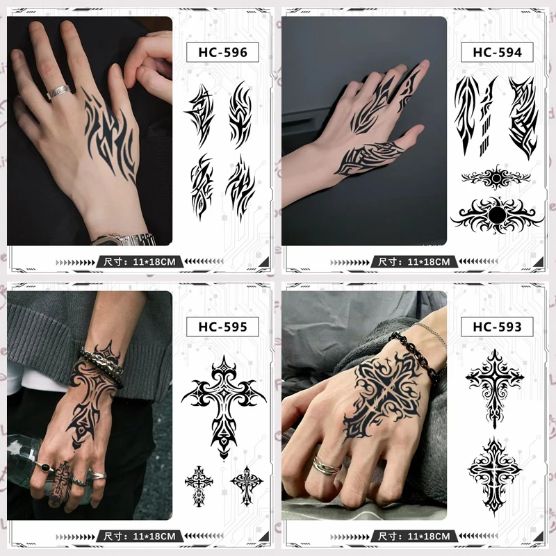 Pegatina de tatuaje de jugo de hierbas para hombres y mujeres, tótem oscuro, tatuaje falso temporal semipermanente para dedo, mano y espalda, impermeable, duradero, 4 piezas por lote