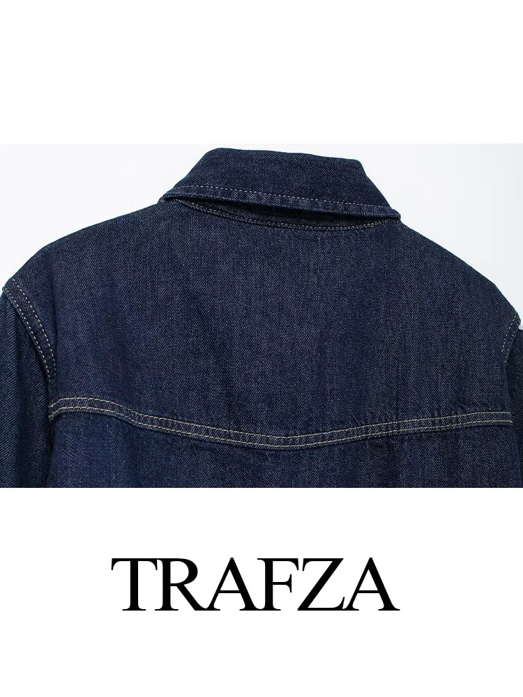 Trafza-レディースデニムシャツ,丈夫な折り襟,ポケット付き,シングルブレスト,ハイストリートショートコート,2色,秋のファッション