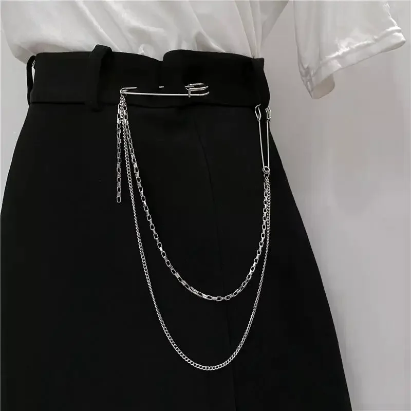 New Punk Double Layered Pants Chain With Brooch Pin For Women Men Hip Hop Waist Chain Dress Jewelry Gothic Rock Accessories