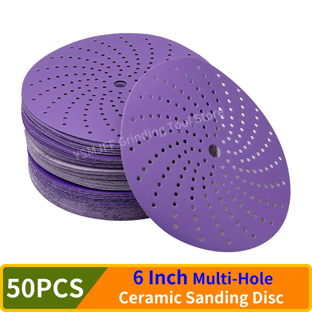 50PCS Ceramic Multi-Hole Sanding Disc 6 Inch Hook & Loop Round Sandpaper Purple Clean Sanding Disc for Metal,Wood,Fine Finishing