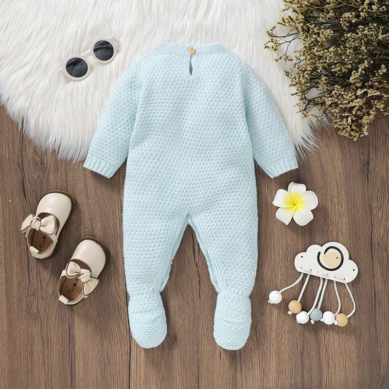 Newborn Baby Rompers Knit Child Clothes Long Sleeve Pantyhose Foot Wrapping Warm Autumn Infant Girl Jumpsuit Fashion Embroidered