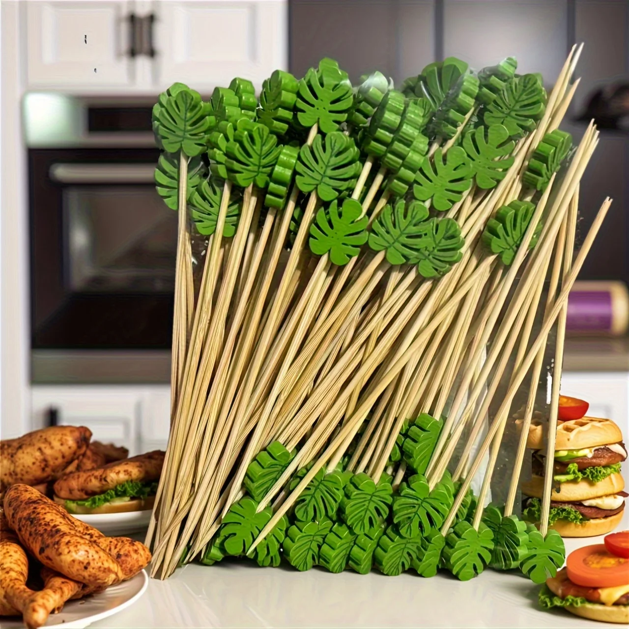 100 قطعة من أعواد الكوكتيل ذات الورقة المستديرة الخضراء، لوازم المطبخ لحفلات عيد الميلاد، أعواد الأسنان المزخرفة، الهالوين