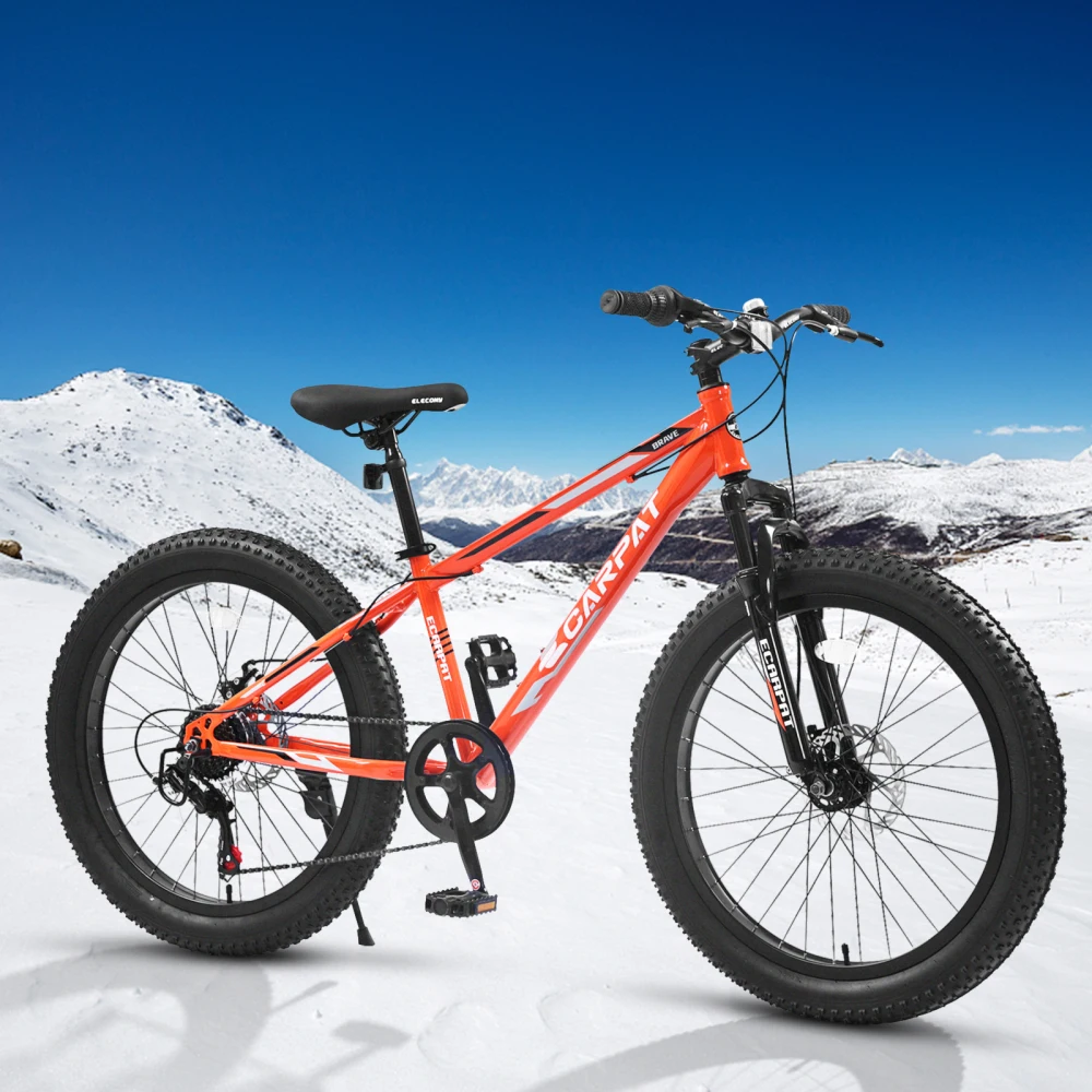 24 Inch Fat Tire Bike Adult High Carbon Steel Frame Full Shimano 7 Speed Dual Disc Brakes Front Suspension Mountain Bicycle