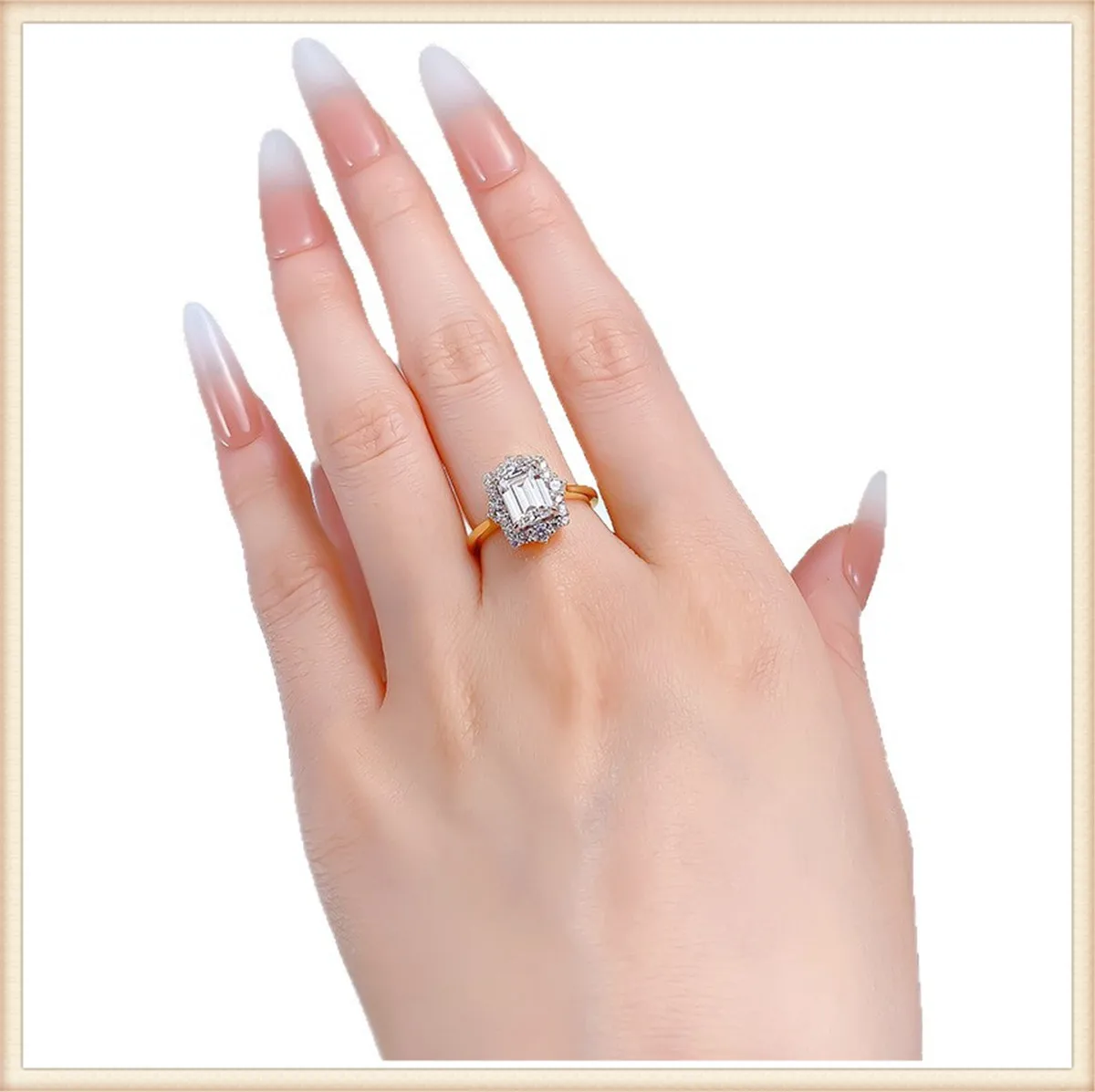 

18K solid real gold lab grown diamond emerald cut 1CT wedding ring yellow gold white gold double color engagement ring 14K gold