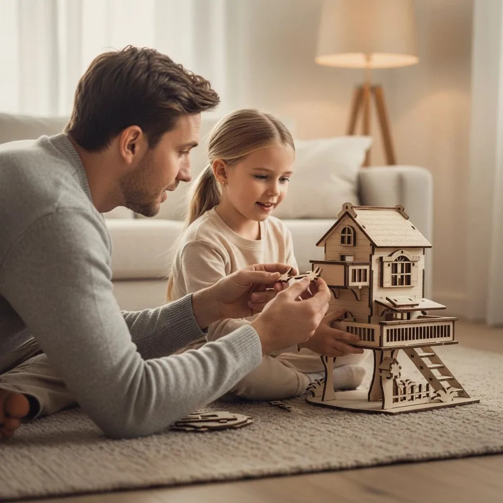 OUZEY Kit fai da te in legno “Festive Tree House” - Decorazione puzzle 3D per finestre, regali di Natale e vacanze