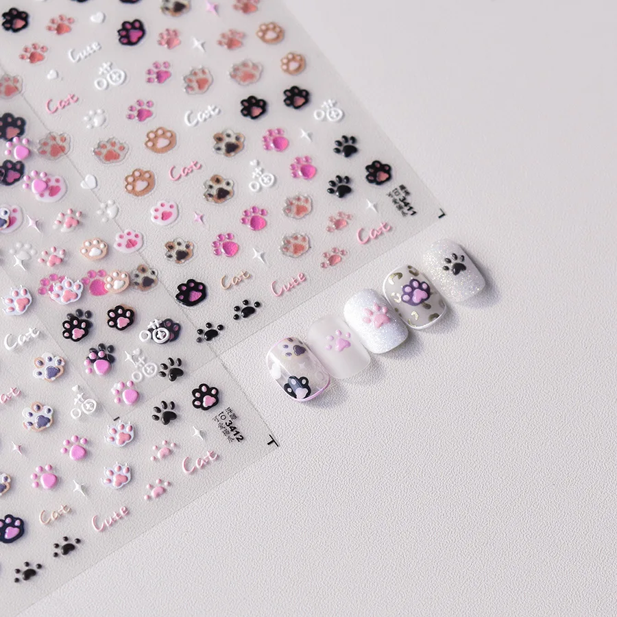 1Pc Cute Jelly Pink Cat Paw Print Nail Sticker Kawaii Pink Black Cat Claw 5D Embossed Self-Adhesive Decals Cartoon Nail Sliders