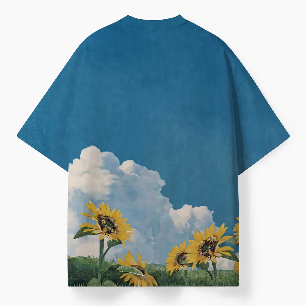 Men Oversized Graphic T‑Shirt, Oil‑Painting Sunflower Cloud Sky 3D Print Tee, Men Streetwear Short‑Sleeve Top For Daily Vacation