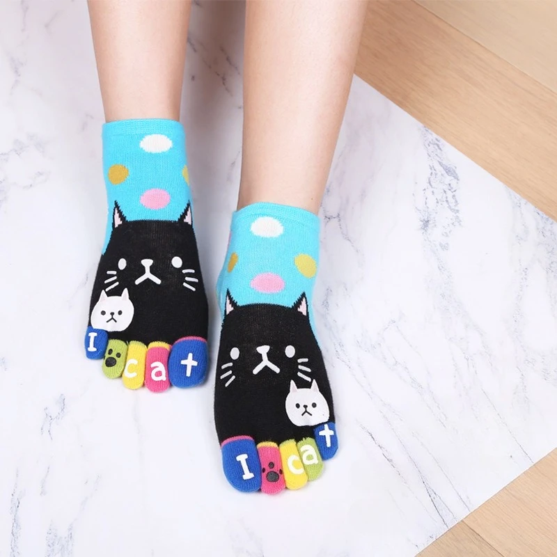 5 Pairs Japanese and Korean Style Five-finger Socks Cute Cotton Women's Sub-toe Three-dimensional Cartoon Cat Mid-tube Socks