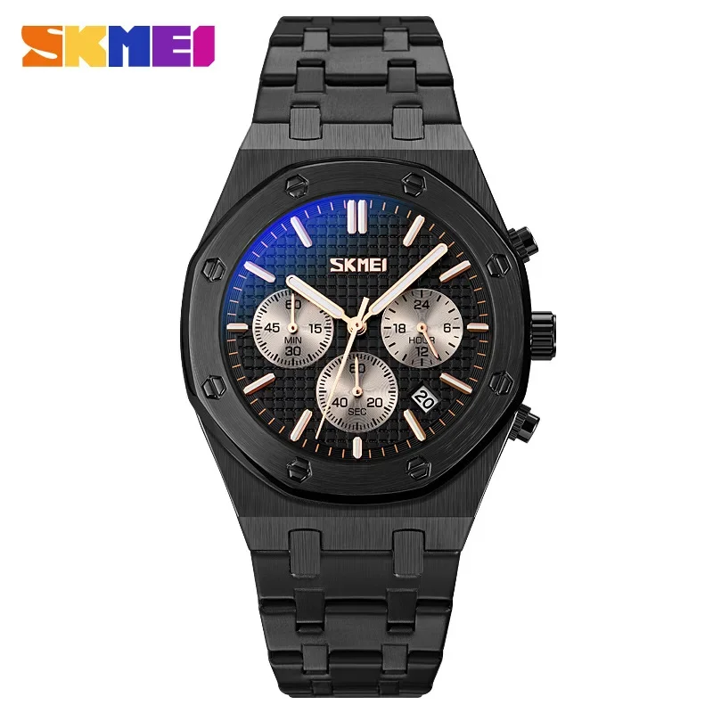 SKEMI 9296 Men's Quartz Watch Waterproof Stereo Hour Markers Charm Stainless Steel Stopwatch Chronograph Watch