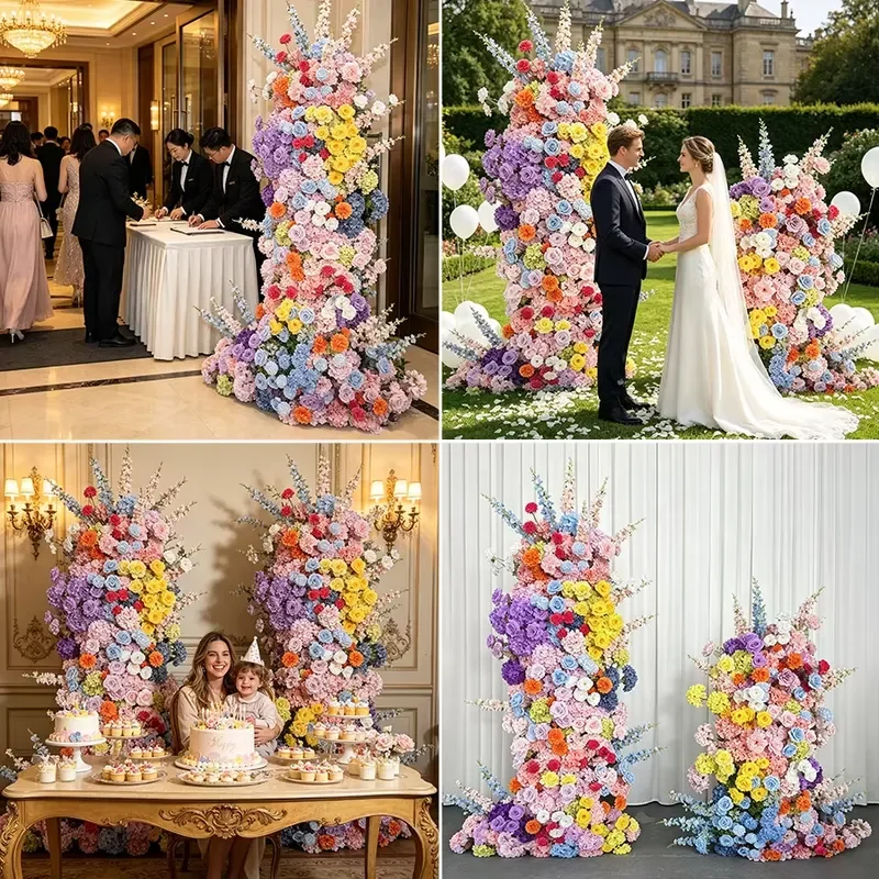 Rainbow Colorful Artificial Flower Arrangement Set Wedding Backdrop Floral Row for Event Party
