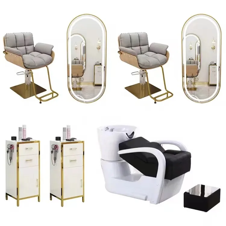 Barber Chair Set Hairdressing Barber Furniture Package Salon Chair Gold Luxury Metal Stainless Steel Beauty Salon