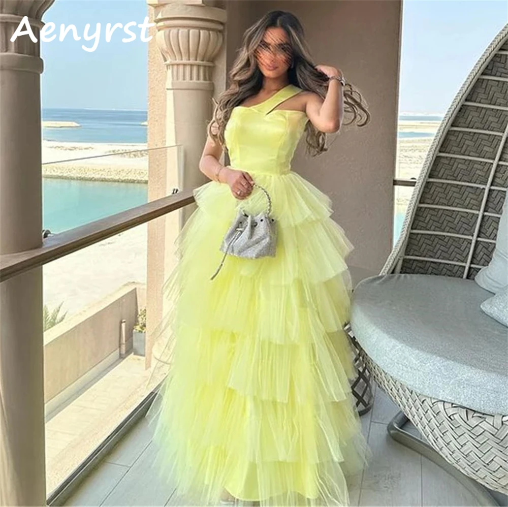 Aenyrst Yellow One Shoulder Prom Dresses A Line Tulle Tiered Evening Gowns Floor Length Dinner Party Dress Elegant فساتين السهرة