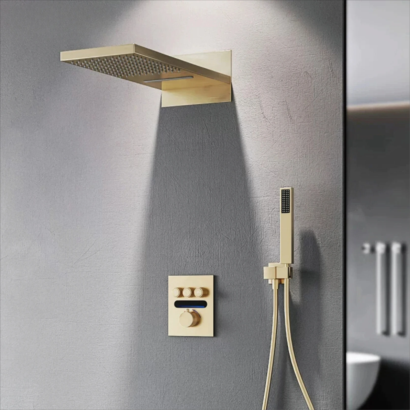 

Роскошный латунный матовый золотой светодиодный цифровой дисплей душевая система с постоянной температурой и встроенным смесителем для ванны на потолке горячей и холодной воды