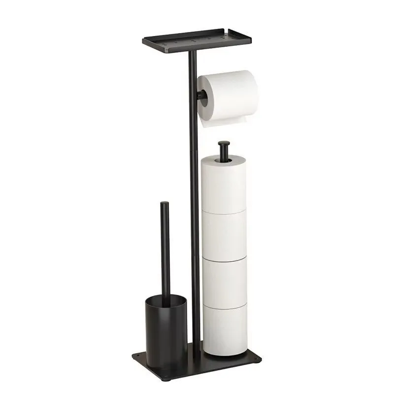 Black Carbon Steel Two Tier Bathroom Floor Stand, Free Standing Toilet Paper Organizer with Shelf & Brush for Guest Washroom