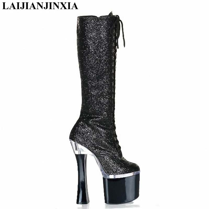 18cm Fashion female knight platform heels knee high boots in the winter shoes PU boots nightclub high-heeled shoes of woman
