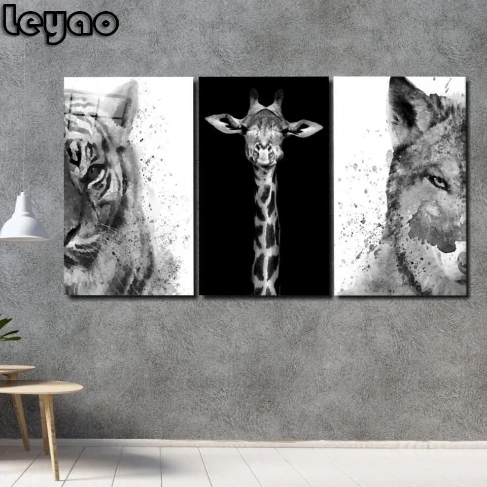 Triptych Diy Diamond Painting Kits Monochrome Animals Mega Size Full Diamond Embroidery Cross Stitch Kits Home Decor 3 pcs/set