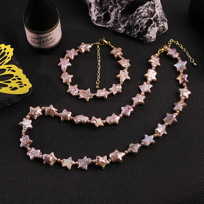 

GLSEEVO Natural Purple Star Shaped Baroque Pearl Jewelry Set for Mother's Day Gift Pearl Necklace Bracelet Set Fashion Jewelry