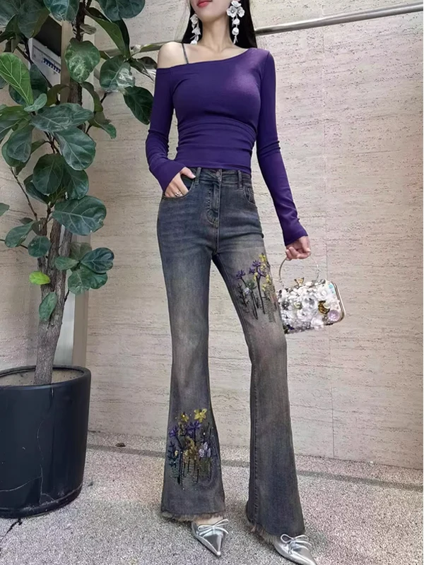 

Модные джинсы с массивной вышивкой, высокой талией и микро-клешем, в стиле кэжуал, с машинной вышивкой, износостойкие