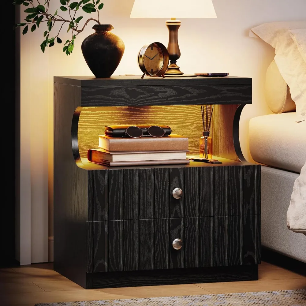 

21" LED Nightstand with Charging Station, End Table with 2 Drawers Storage, Side Table with Open Shelf, Black Nightstand for Bed