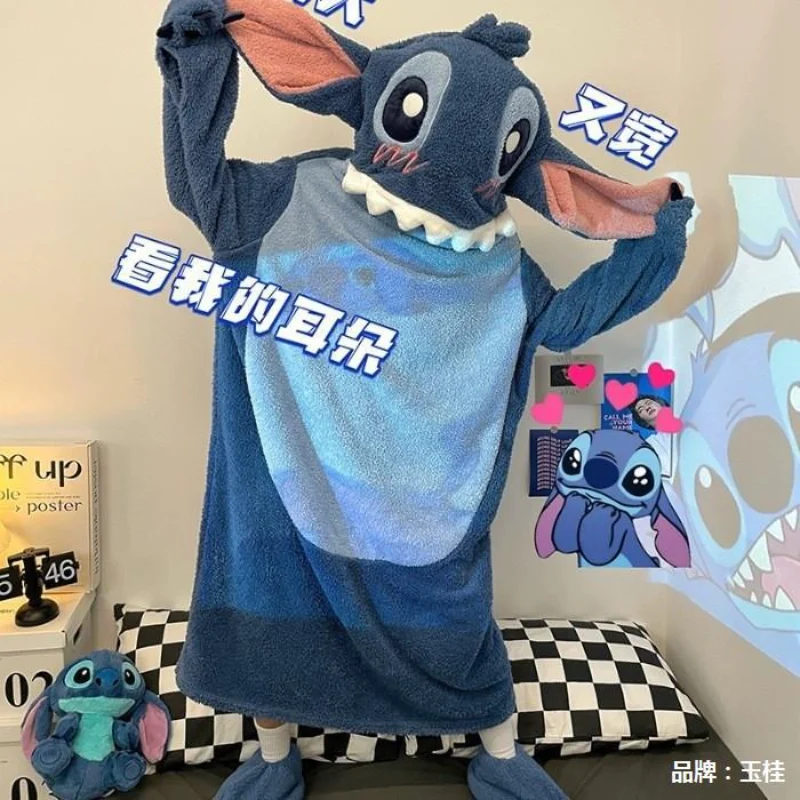 Disney Stitch winter new coral fleece one-piece pajamas women\'s fleece thickened cartoon bathrobe flannel nightgown loungewear