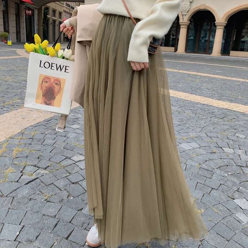 Nomikuma Korean Autumn Winter Candy Color High Waist Causal A-line Long Mesh Skirt 2023 New Fashion Elegant Skrits Mujer Faldas