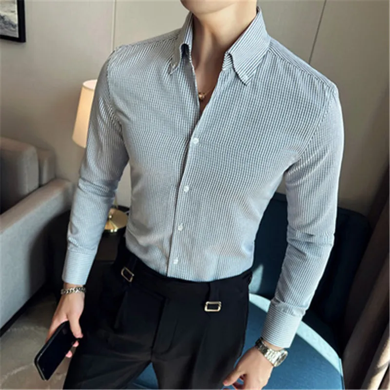 Camisas masculinas clássicas de vestido de noiva xadrez, gola V, blusas de manga comprida, roupa casual masculina, social, elegante, nova, 2024