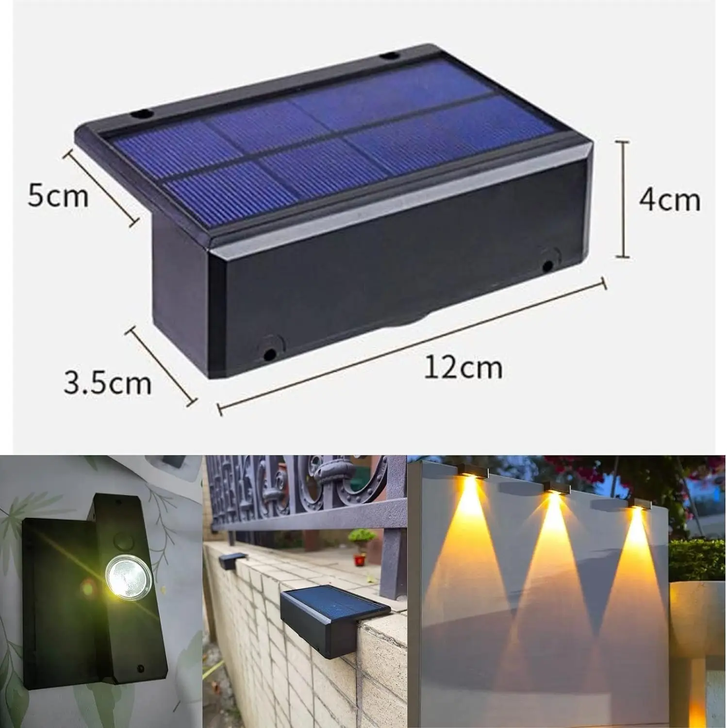 Luzes solares ao ar livre do deck, Solar Fence Lights, Luzes solares brancas quentes da parede, LED impermeável ilumina a iluminação, 4 Pack