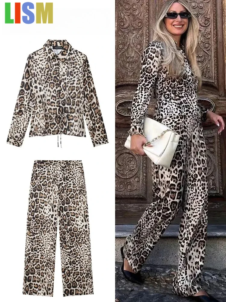 

LISM Women Vintage Leopard Print Blouse Pant Sets Lace Up winter woman outfit Trousers New Fashion High Street Outfit