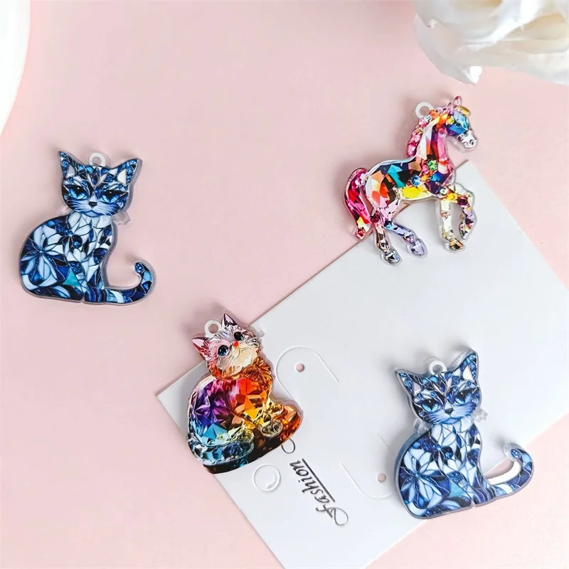 New arrived 50pcs/lot color pattern print animals cartoon cats horse shape acrylic beads diy jewelry garment pendant accessory