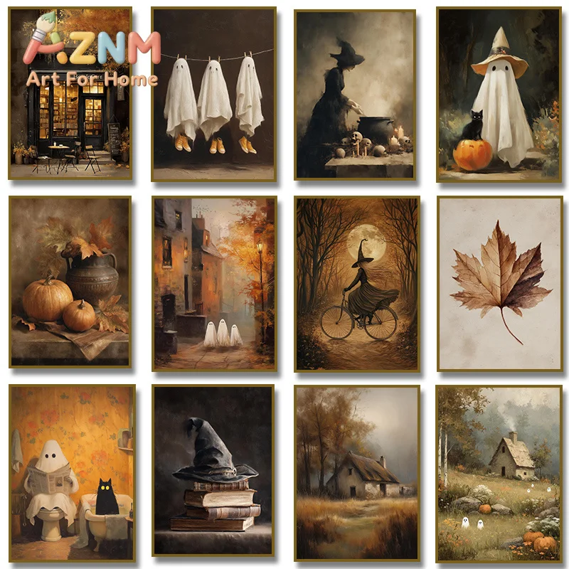 Cute Ghost Pumpkin Canvas Painting Print Halloween Witch Autumn Landscape Wall Art Poster for Modern Living Room Home Decor