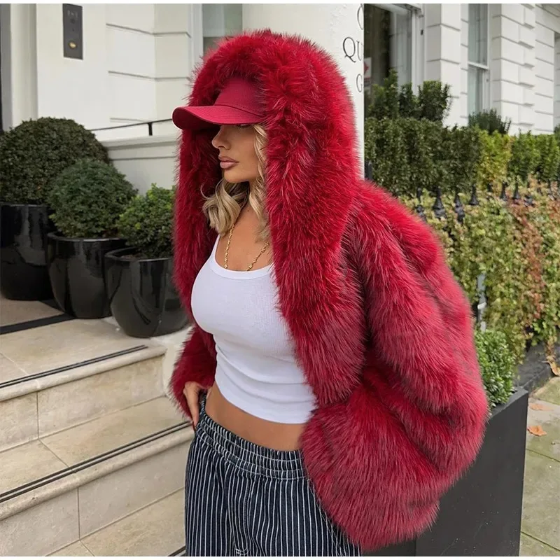 High Quality Hooded Faux Fur Coat Fox Hair Hooded Jacket Women's Korean Winter Elegant Fluffy Faux Fur Jacket Woman Clothing