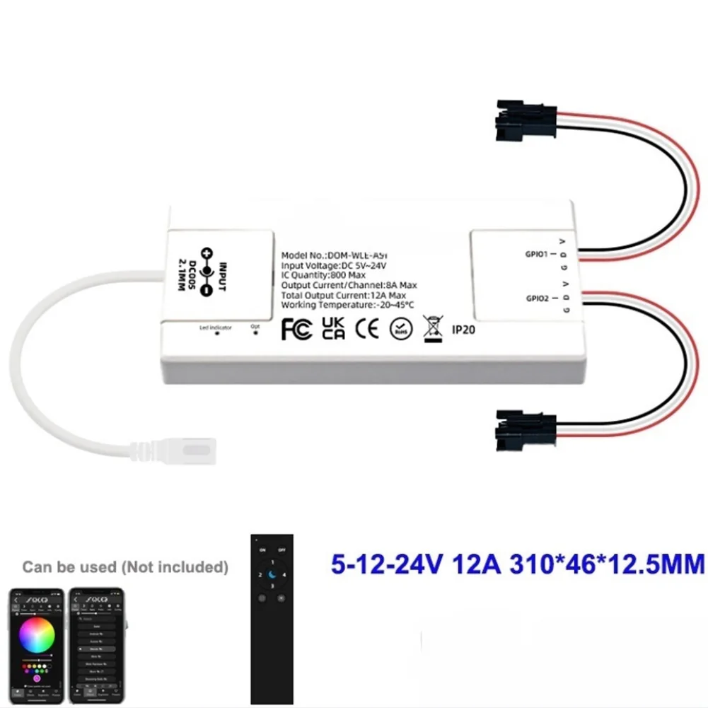 Ultra thin LED Digital Strip Controller Built in Mic Sound Reactive Modes for ESP32/ESP8266 WS2811 5V 24V Max12A
