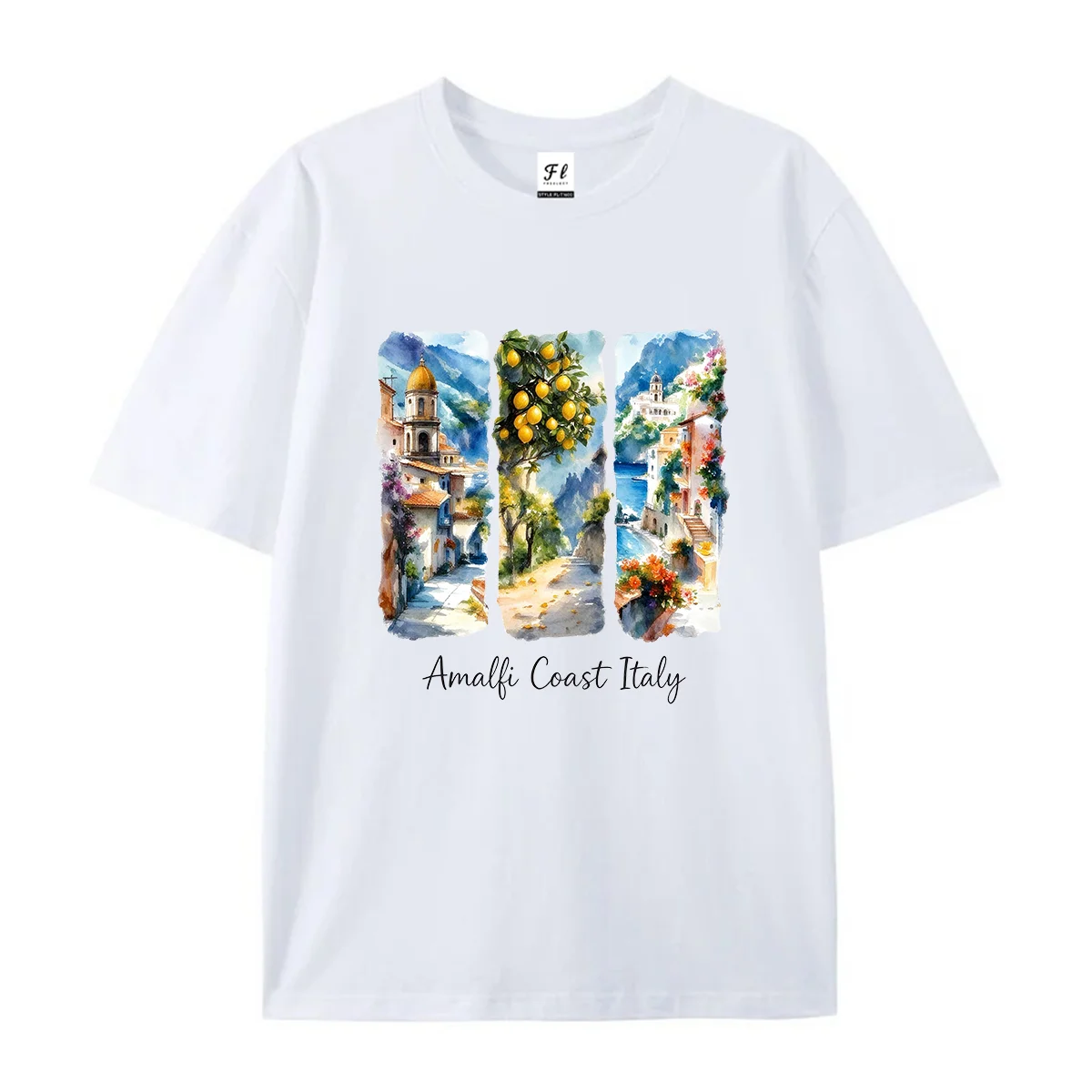 Women Casual Short Sleeve T Shirt Amalfi Coast Italy Watercolor Town Landscape Graphic Tee Vacation Scenery Print Soft Cotton